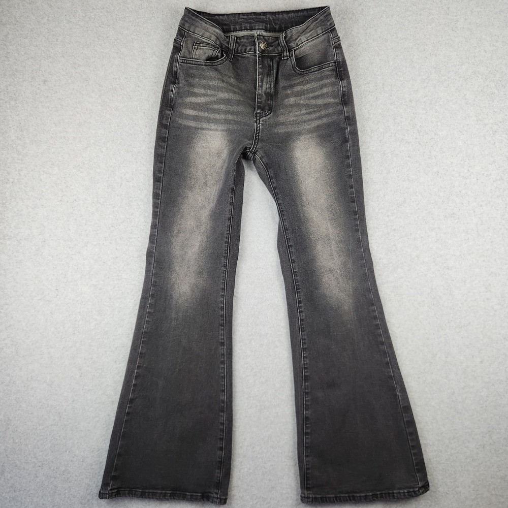 Romwe Black Flare Y2K Jeans Women's Size S 25x29 Goth Red Cross Rhinestones Punk